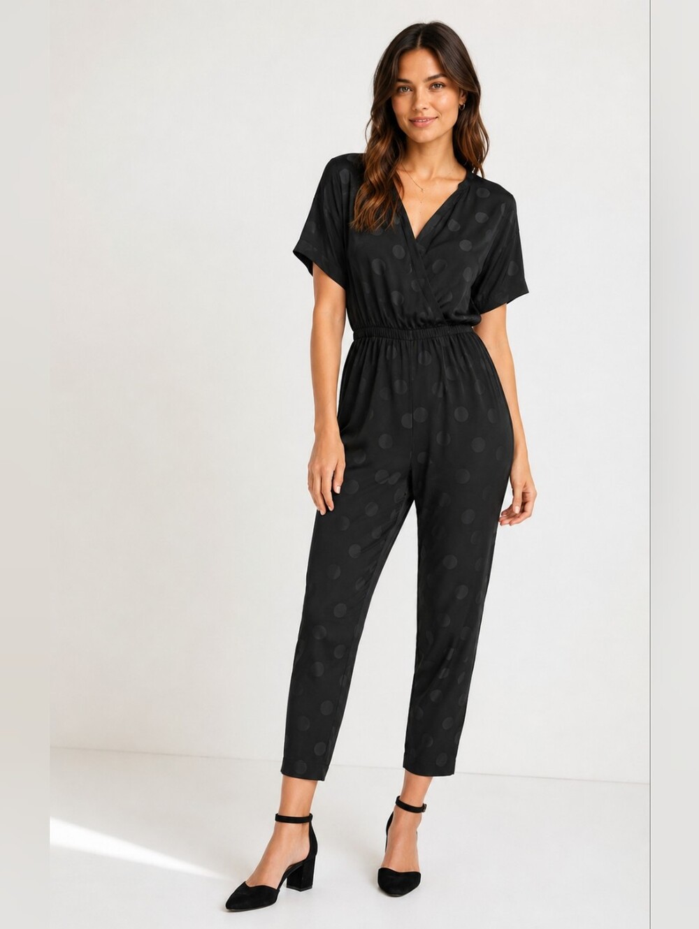 ❤️ MADEWELL WRAP FRONT SMOCK-WAIST JUMPSUIT IN SATIN DOT JACQUARD, XXS - Picture 1 of 13